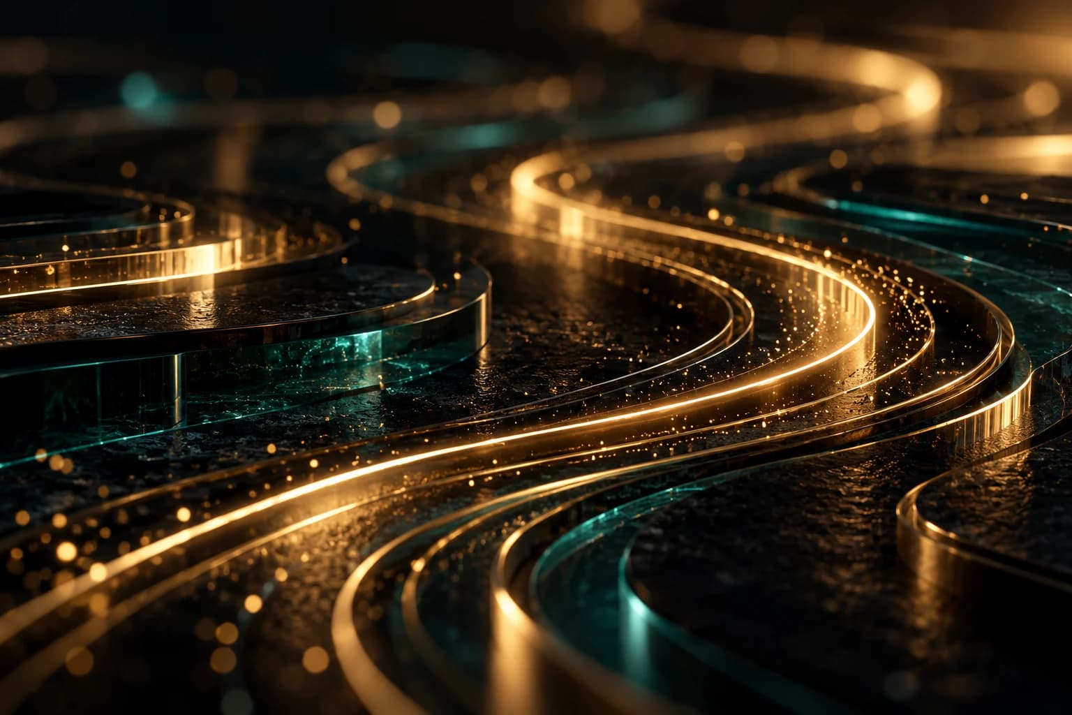 Flowing gold and teal light paths