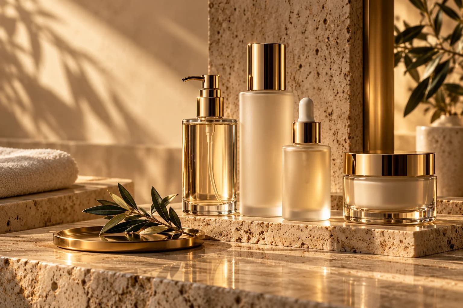 Premium skincare bottles on travertine