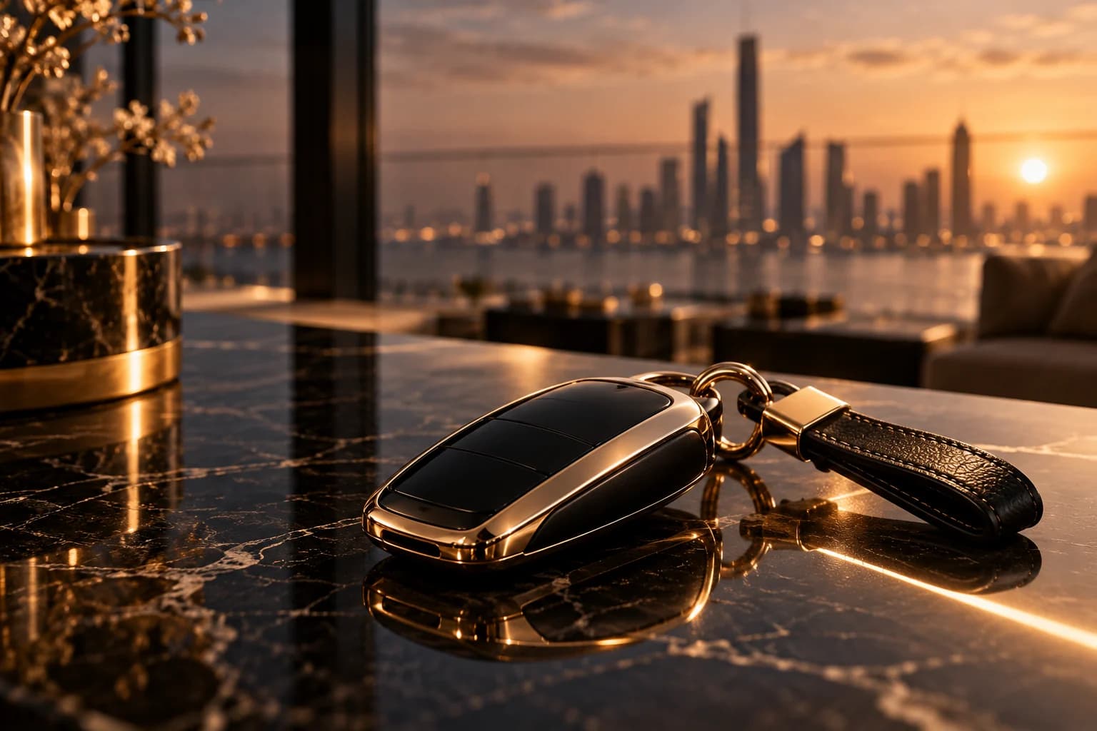 Luxury car key on black marble with the Dubai skyline