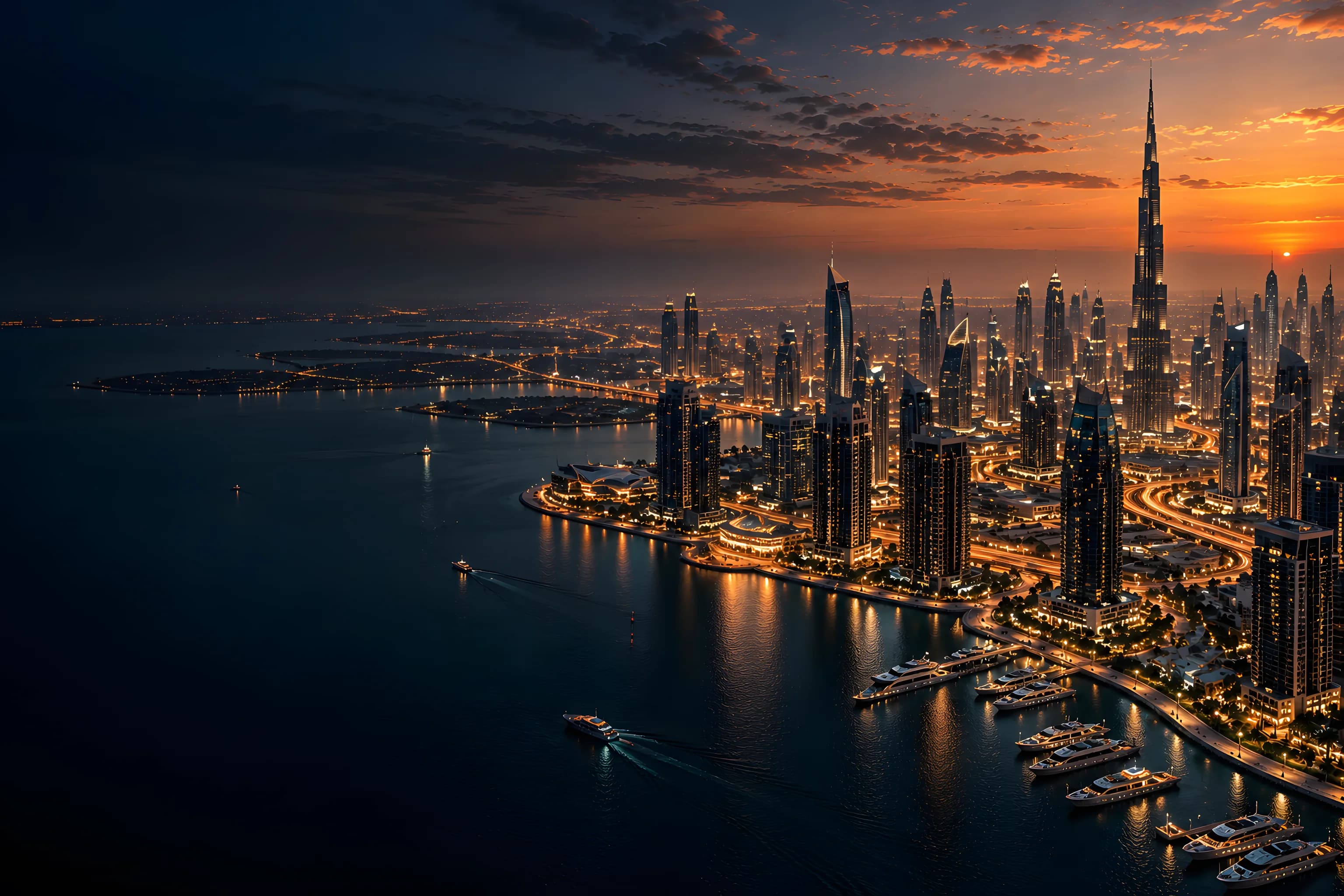 Dubai skyline and marina at blue hour