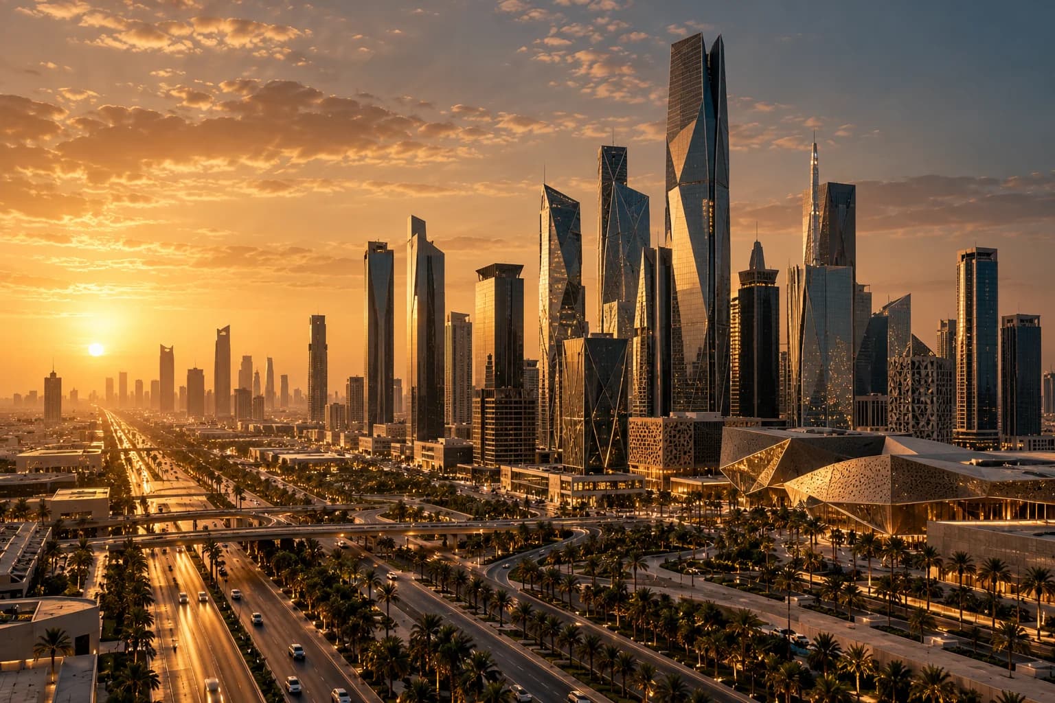 Riyadh financial district at golden hour