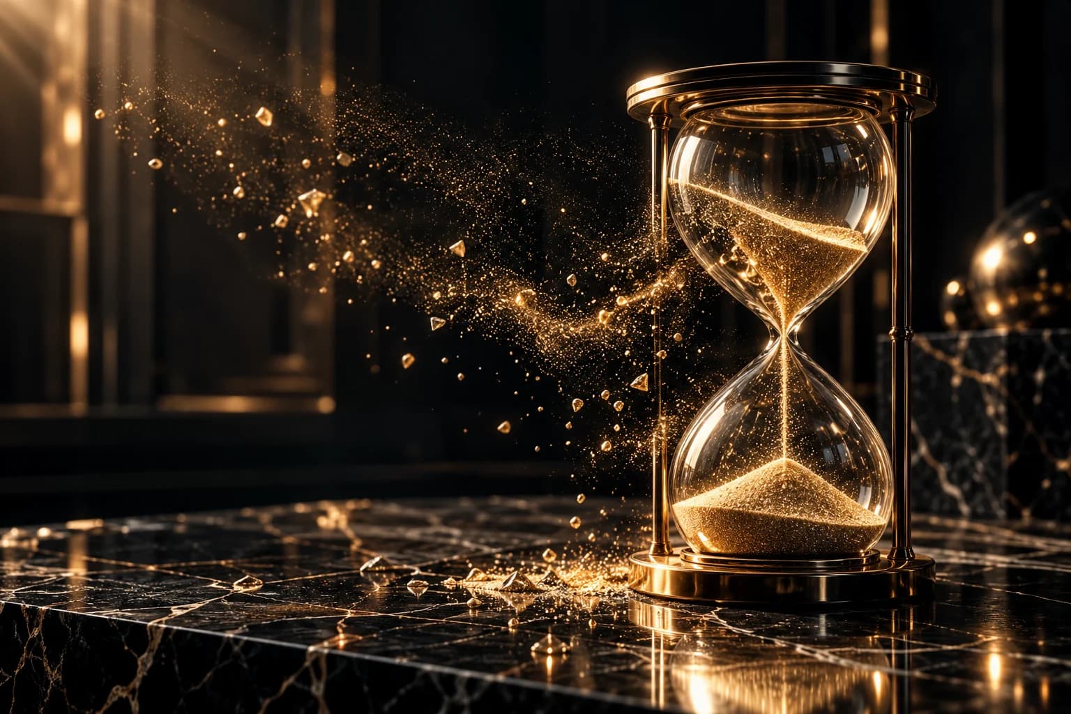 Gold sand slipping through an hourglass