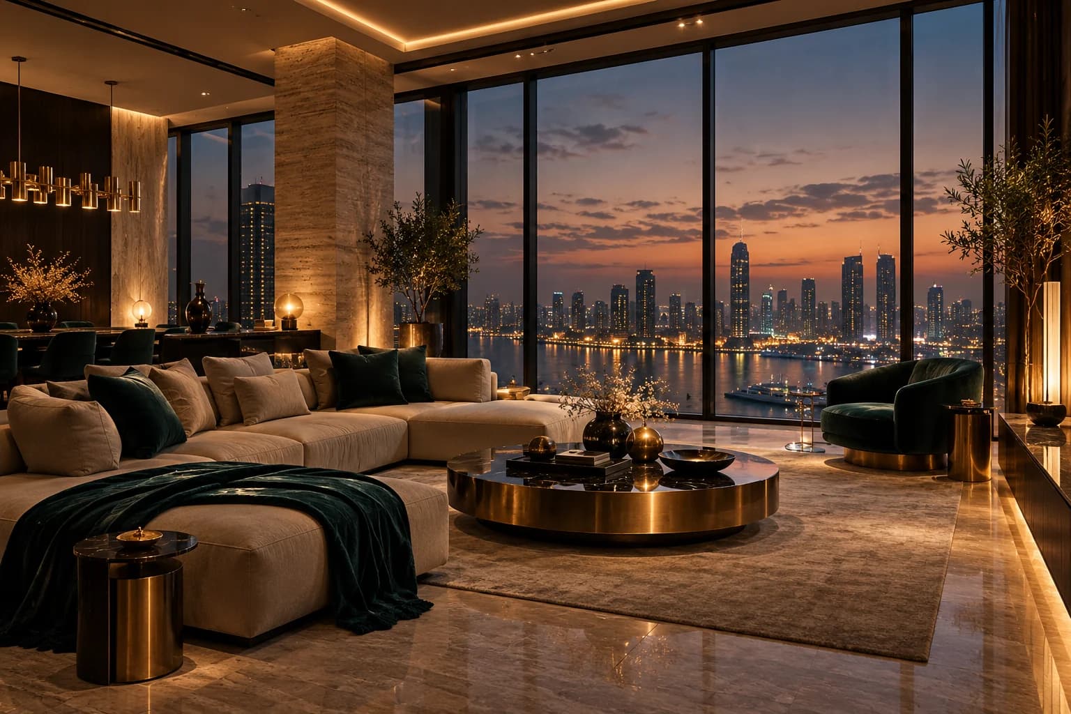 Luxury penthouse living room overlooking the marina