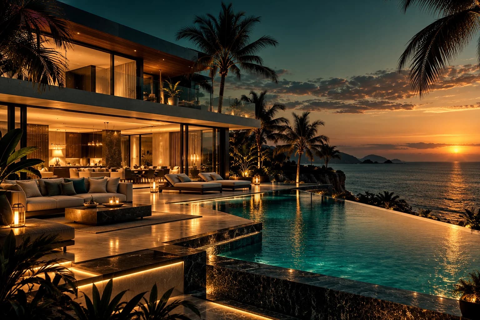 Beachfront villa with infinity pool at twilight